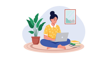 Fototapeta premium Woman sitting cross-legged on a rug with a laptop and books, next to a potted plant.