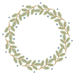 Winter pine branch wreath with blue snowflakes isolated on white background. Natural hand drawn botanical design perfect for Christmas cards, invitations, packaging and seasonal decorations