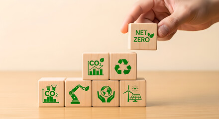 Net Zero Carbon Neutrality Green Energy Sustainability Hand Placing Block Copy Space