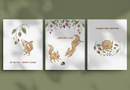 Watercolor nursery poster set with playful baby squirrel and forest berries, woodland animal illustration for kids room wall decor and printable baby art