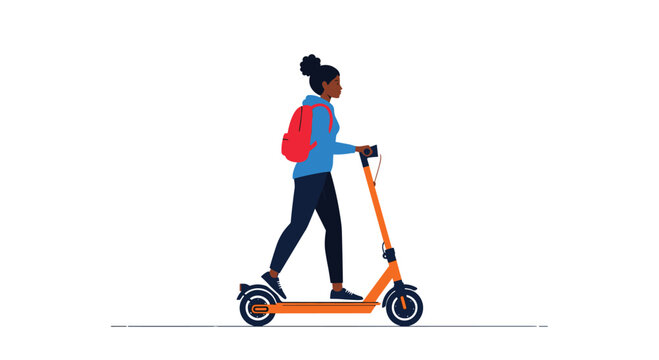 A young Black woman rides an orange electric scooter while wearing a red backpack and a blue jacket.