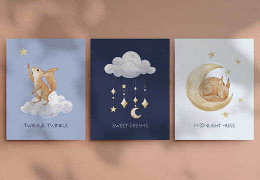 Watercolor nursery poster set with cute baby squirrel and moon, dreamy night sky animal illustration for kids room decor and printable baby wall art