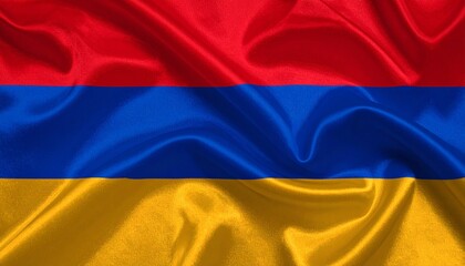 Fototapeta premium Armenian flag with red, blue, and orange horizontal stripes shown as realistic fabric with folds and waves, symbolizing national pride.