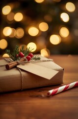 Cozy christmas gift wrapping ideas with cinnamon stick and candy cane on wood table surface