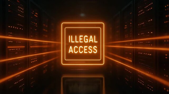 A dramatic visualization of illegal access, featuring illuminated servers and cautionary messaging in a high-tech environment.