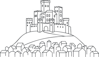Obraz premium A detailed outline of a medieval castle situated on a hill overlooking a village.