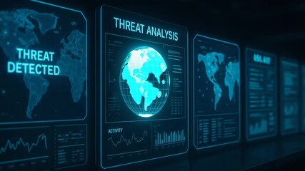 High-tech digital interface for threat analysis with global maps and data visualizations in a dark environment. - Powered by Adobe