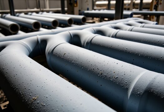 Industrial Blue PVC Pipes Stack in Warehouse Interior with Soft Lighting and Texture Details Showing Manufacturing Process