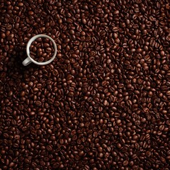 Roasted coffee beans background with cup full of beans for coffee lovers and caffeine addicts