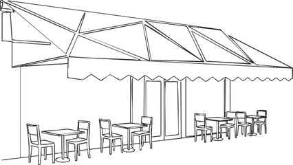 Obraz premium A minimalist line art illustration of an outdoor restaurant seating area with tables and chairs.