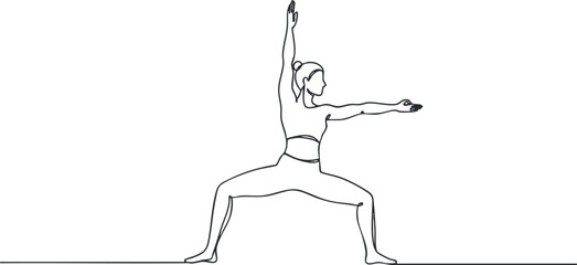 A minimalist line art illustration of a woman practicing the warrior yoga pose.