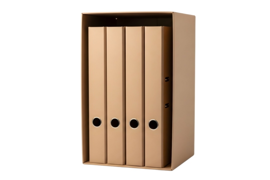 Four brown lever arch files in a cardboard box isolated on transparent background