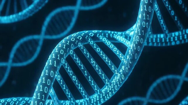 Futuristic digital DNA helix made of glowing binary code, symbolizing genetic information and technology integration. - Powered by Adobe