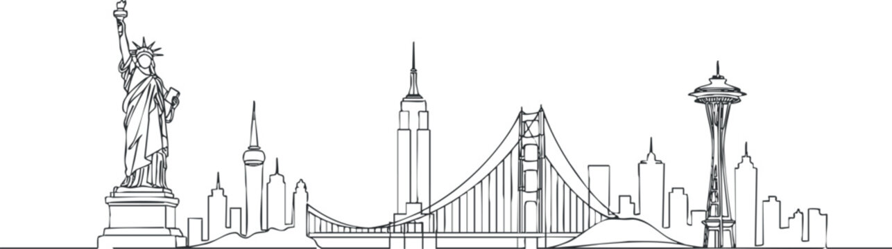 Illustration of iconic American city skyline featuring famous landmarks in black and white.