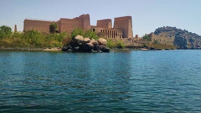 Ancient Philae Temple on Nile river , dedicated to the goddess Isis,  Ancient Egyptian relics