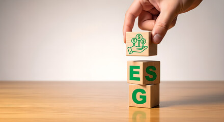 ESG Investment Sustainable Finance Business Hand Wooden Blocks Copy Space