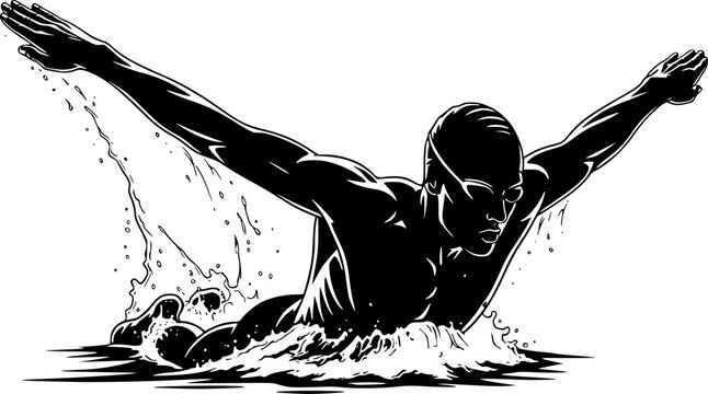 Butterfly swimmer silhouette. The dark outline of a swimmer executing the butterfly stroke, emphasizing athleticism, technique, and competitive swimming motion. clipart illustration design.
