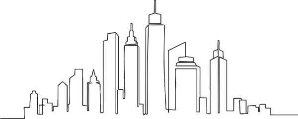 Obraz premium Stylized line art depicting a city skyline with various architectural structures and skyscrapers.