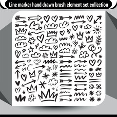 line elements icon set. Underline, handwritten highlight marker shape, hand drawn arrow, heart, crown, arrow, star brush pen stroke element. Crown, love graphic, cloud sticker shapes and star sketch