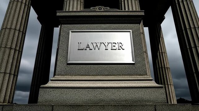 Lawyer Stone Monument with Powerful Columns Against Dramatic Sky