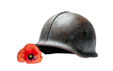 Vintage military helmet accompanied by red poppy honoring fallen soldiers and history isolated on transparent background PNG