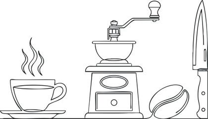 A minimalist line art illustration featuring a coffee cup grinder and knife with steam.