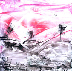 Fantasy bright landscape. Art, painting. Encaustic, art decoration, sketch. Illustration hand drawn modern, hot wax new
