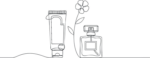 Minimalist line art featuring a beauty tube and a perfume bottle with a flower.