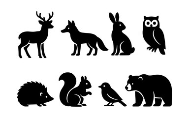 Obraz premium Set of black forest animal icons including deer, fox, rabbit, owl, hedgehog, squirrel, bird, bear. Flat vector silhouettes for print, sticker, postcard, banner.