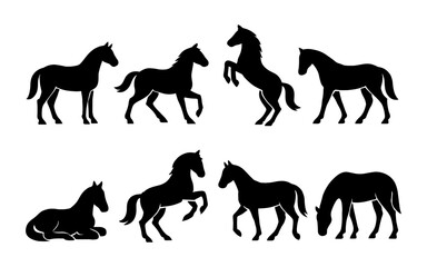 Set of black horse silhouette icons in various poses. Collection includes walking, running, standing, laying, grazing, and rearing horses.