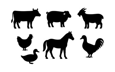 Set of black farm animal silhouette icons. Includes cow, sheep, goat, horse, chicken, duck, rooster in simple flat design.