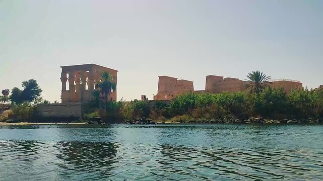 Ancient Philae Temple on Nile river , dedicated to the goddess Isis,  Ancient Egyptian relics