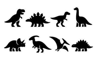 Obraz premium Set of black dinosaur silhouette icons. Includes T-Rex, Stegosaurus, Triceratops, Brachiosaurus, Velociraptor, Pterodactyl and more.