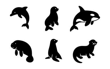 Collection of marine mammal silhouette icons. Includes dolphin, seal, orca, manatee, sea lion, and otter in black vector style.