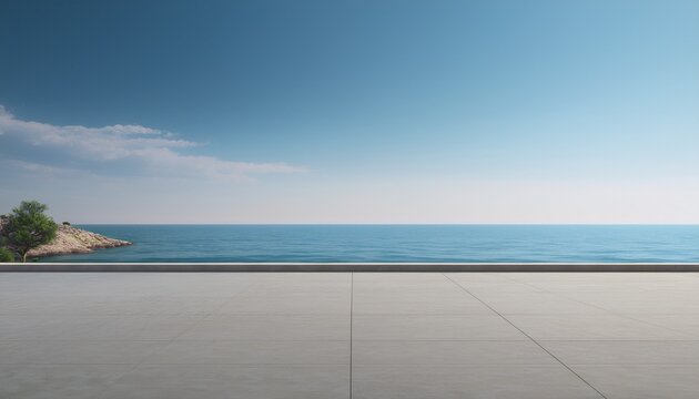 empty concrete floor and gray wall 3d rendering of sea view plaza with clear sky background