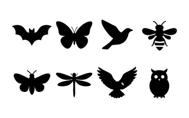 Flying creature silhouette icons including bat, butterfly, bird, bee, moth, dragonfly, eagle, and owl in black vector style.