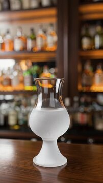 A frosted traditional dutch jenever tulip glass is served ice cold and neat on a wooden bar counter top in a classic pub setting.