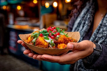 A person holds a bowl of colorful Indian street food topped with fresh herbs and pomegranate seeds at a bustling market. The scene is lively and inviting, perfect for food lovers