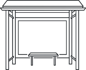 A minimalist line drawing of an outdoor shelter with a bench and blank canvas structure.