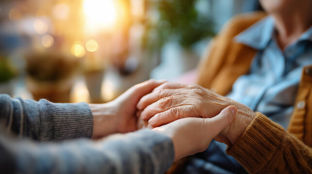 Young caregiver's hands assisting elderly person faces not clearly shown home healthcare senior care compassionate support aging assistance winter sunlight through window