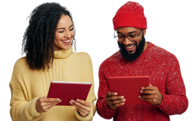 Modern shopping scene with couple checking online discounts and promotional offers isolated on transparent background PNG