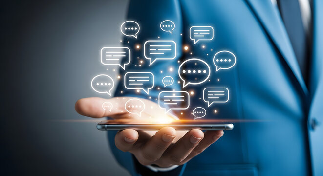 Hand holding smartphone with speech bubbles and connection symbols overlaying screen - Powered by Adobe