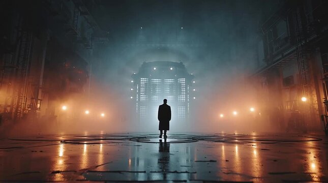 Moody scene of a lone figure standing before a glowing reactor gate, surrounded by fog and shadowy silhouettes, creating a powerful, mysterious and cinematic sci-fi atmosphere.
