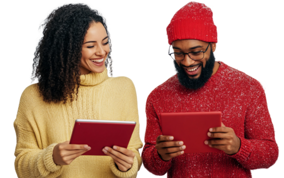 Modern shopping scene with couple checking online discounts and promotional offers isolated on transparent background PNG