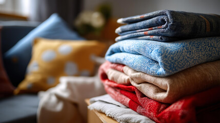Overhead view of cozy living room with blankets and pillows no people visible hygge decor comfortable space winter interior cozy setup home comfort relaxation area soft fur