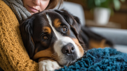 Dog resting on couch beside owner faces not shown pet relaxation home comfort dog companionship cozy moment animal friend domestic life living room defocused with copy spa