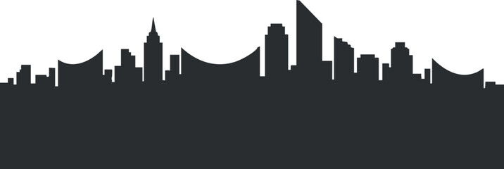 A minimalist silhouette of a city skyline with various architectural structures against a simple background.