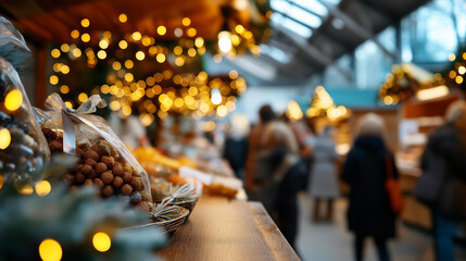 Festive Christmas market stall with twinkling lights no faces clearly visible holiday shopping outdoor market festive vendors Christmas atmosphere holiday tradition winter