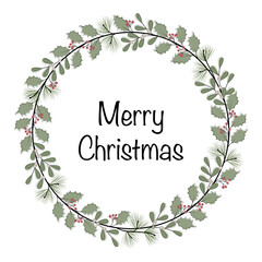 Merry Christmas - Schriftzug in englischer Sprache - Frohe Weihnachten. Grußkarte mit einem Kranz aus Zweigen und Beeren.