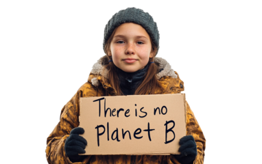 Young environmentalist holding handmade sign There Is No Planet B advocating for climate action isolated on transparent background PNG